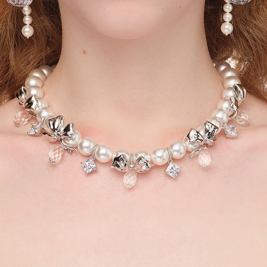 YVMIN X SHUSHUTONG / Bow Knot Crystal Pearl Chain Necklace