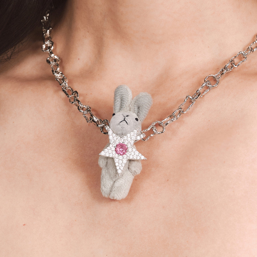 Paradise / Pave Star Plush Rabbit Necklace
