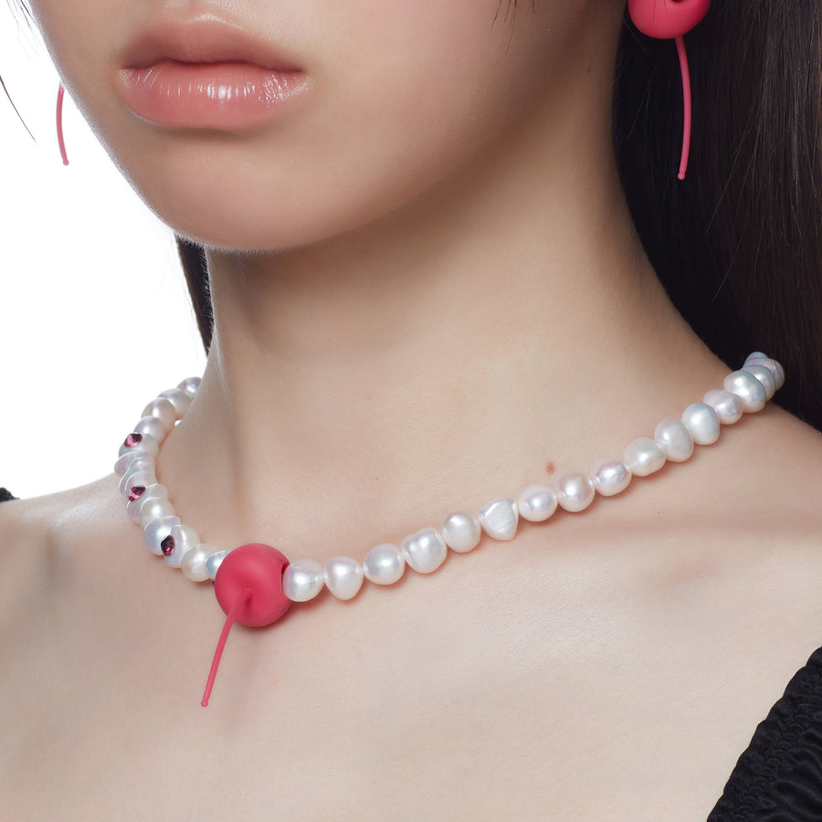 电子女孩ElectricGirl / 粉色宝石天然珍珠穿孔樱桃吊坠项链