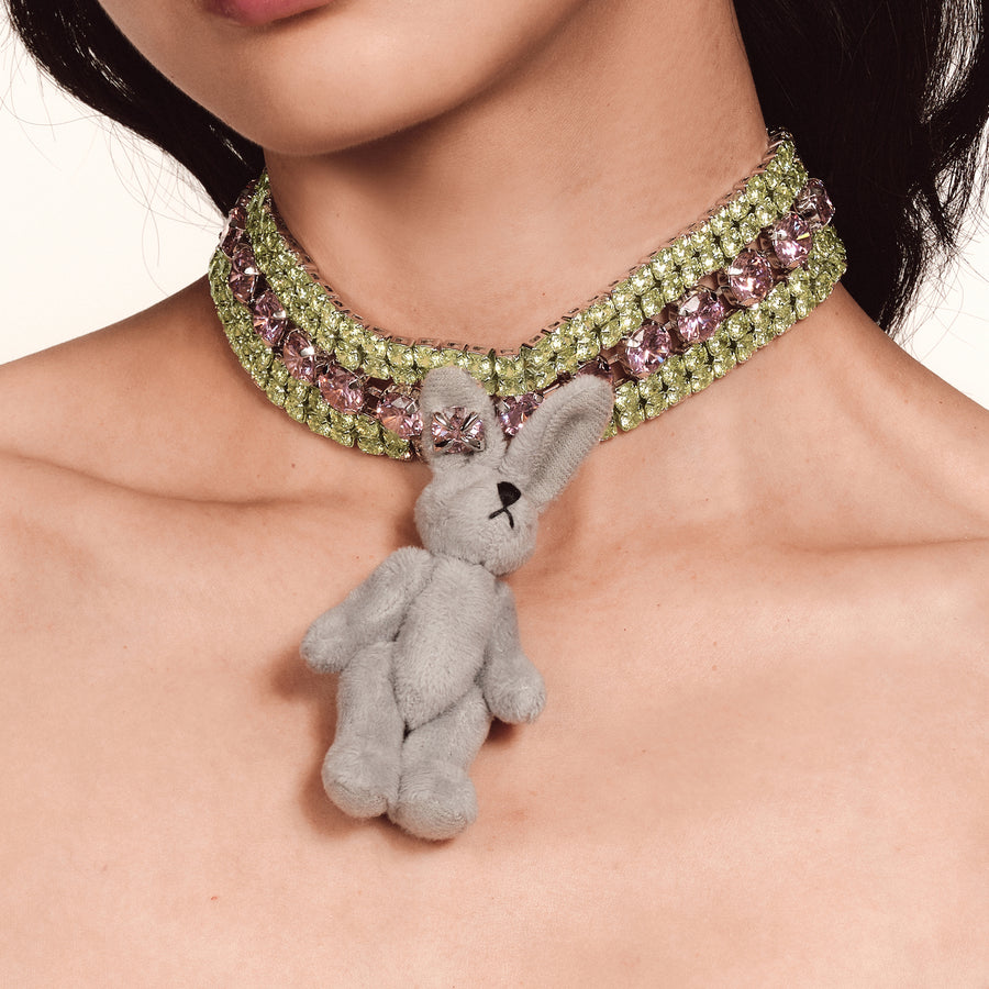 Paradise / Large Plush Rabbit Layered Color Block Gemstone Necklace